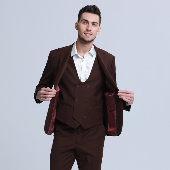 Men's Skinny-Fit 3-Piece Suit w/ Double-Breasted Vest, Dark Brown - Picture 2 of 7